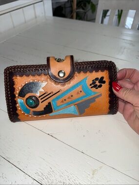 Handpainted Leather Wallet with Turquoise Accent